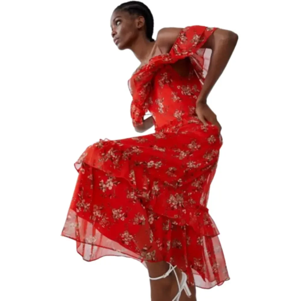 ZARA Red Floral Off The Shoulder Ruffled Tiered Chiffon Midi Dress Size XS - Picture 4 of 17